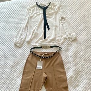 Everlane dream pants with silky blouse with velvet tie + pearl belt